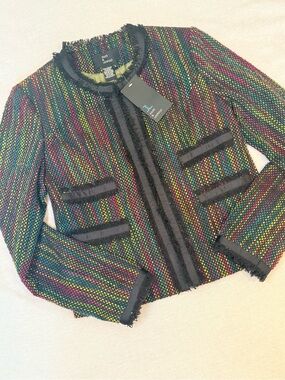 Jules & Leopold Multicolor Tweed Fringe Trim Cropped Jacket Size 6 NWT